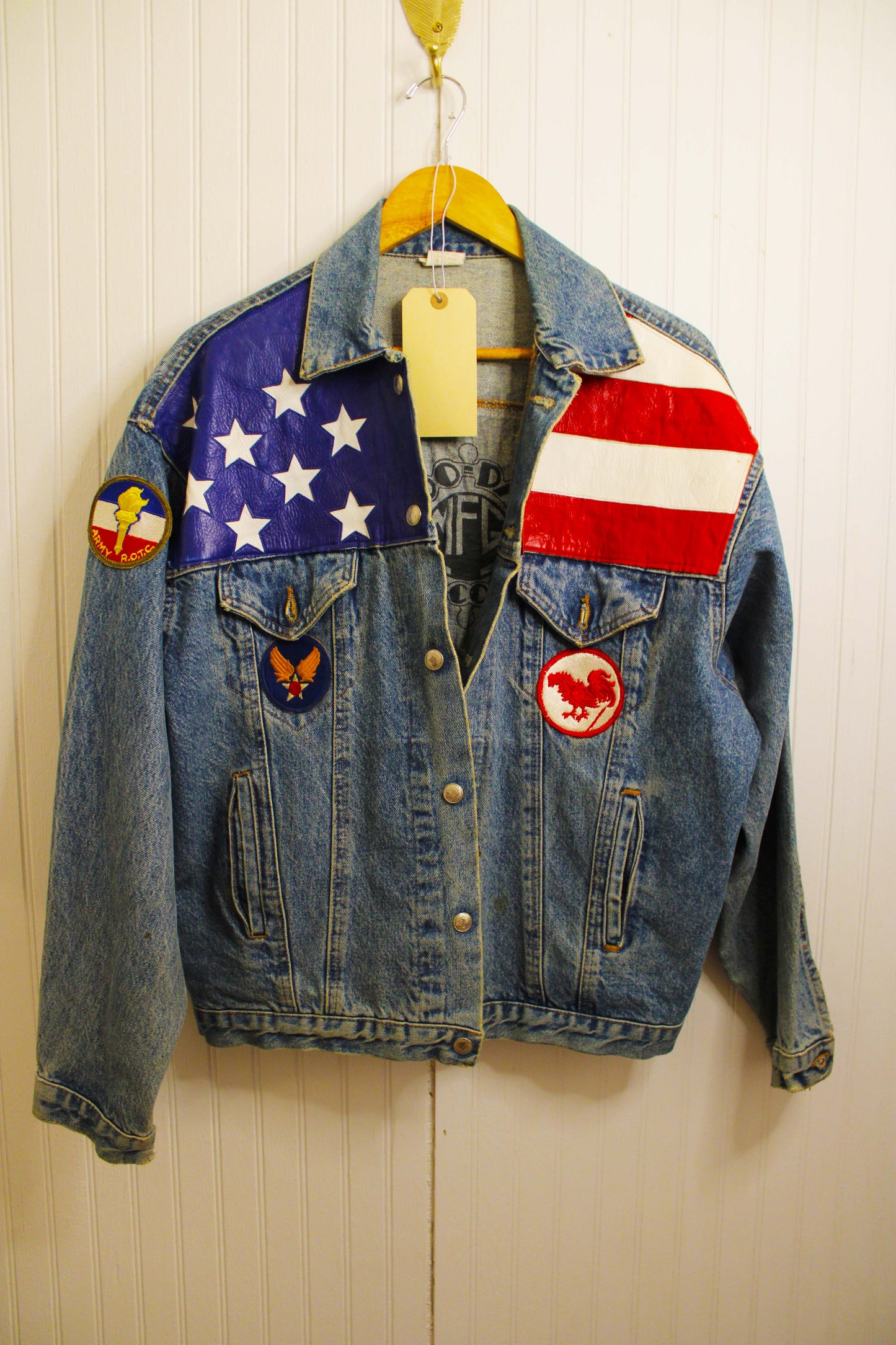 Vintage 1960s NFL League Doo Da's Co Jean Jacket with Genuine American Flag Leather & army patches from a US Veteran