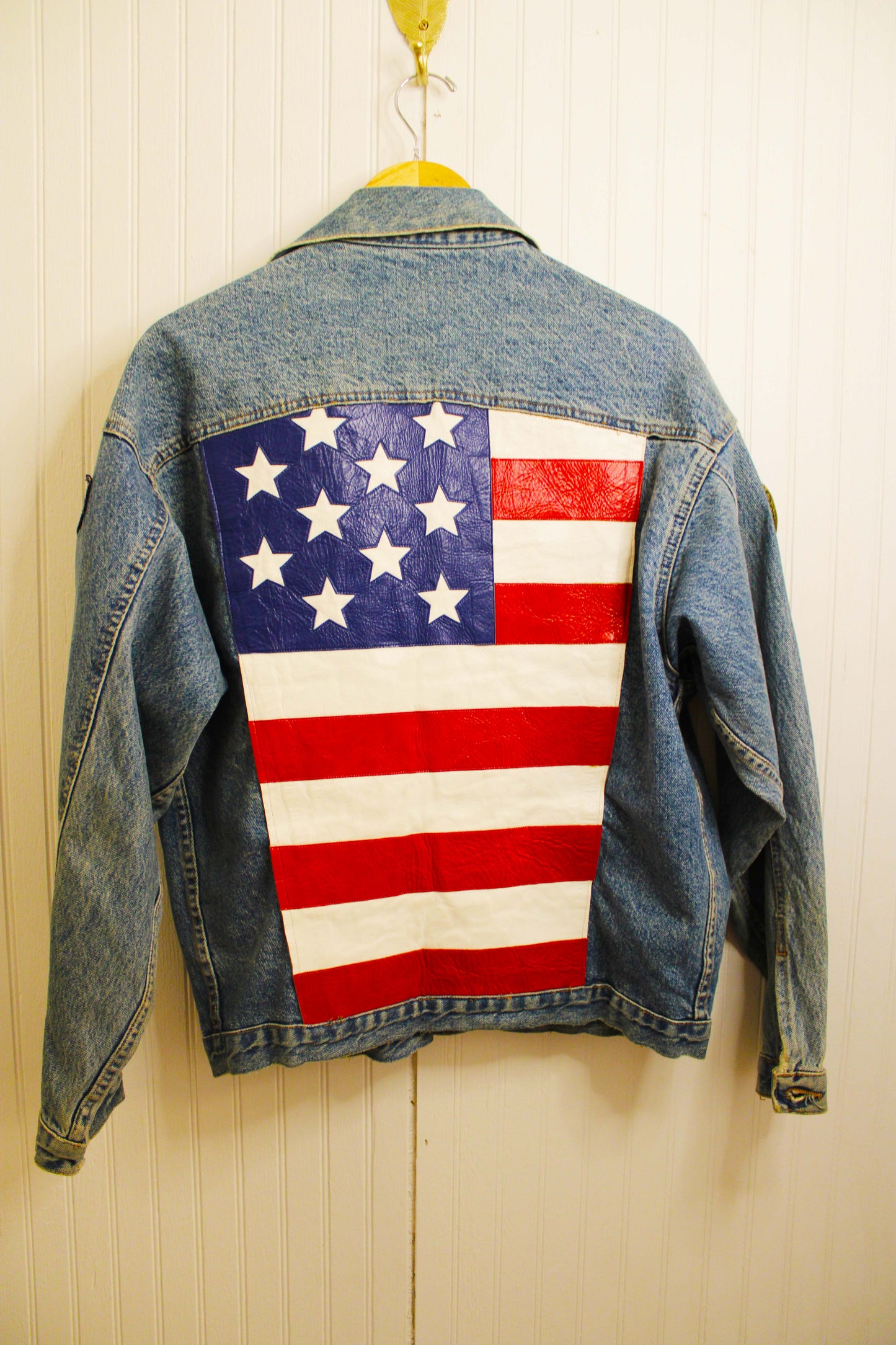 Vintage 1960s NFL League Doo Da's Co Jean Jacket with Genuine American Flag Leather & army patches from a US Veteran