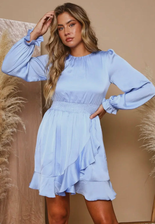 Satin Mini Dress with Long Frilled Sleeves Round Neckline, Button Keyhole Back Closure, Smocked Waist