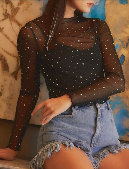 Rhinestone Sheer Mesh Top - Black